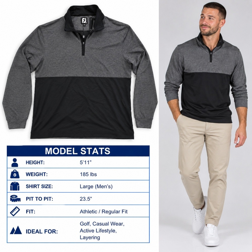 FootJoy Mens Large Grey Black Colorblock Quarter Zip Golf Pullover Dataw Island